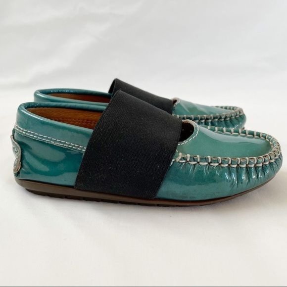 Atlanta Mocassins Kids Teal Patent Leather Slip-On Loafers with Elastic Strap - Picture 3 of 10